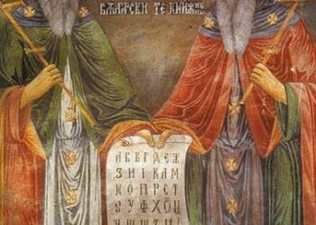 Kyrillos ja Methodios. Zahari Zografin seinämaalaus 1800-luvulta Trojanin luostarissa Bulgariassa.