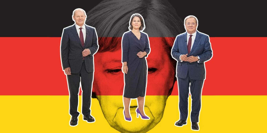 Angela Merkelin saappaisiin ovat ehdolla Olaf Scholz, Annalena Baerbock ja Armin Laschet.