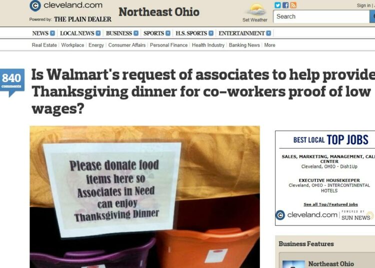 ”Ole hyvä ja lahjoita ruokatarpeita tähän, jotta puutteenalaiset työtoverisi voivat nauttia kiitospäivän aterian”, sanotaan Wal-Martin lapussa. Ensimmäisenä asiasta kertoi  Cleveland Plain Dealer -lehti.