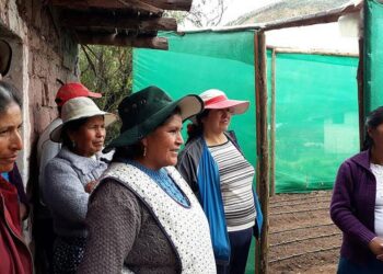 Paropucjion kylän naiset seisovat talkoilla rakentamansa kasvihuoneen vieressä.