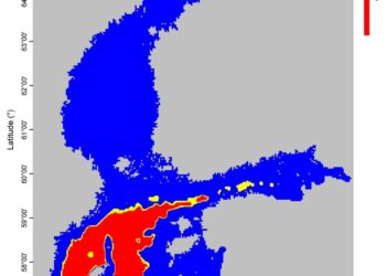 Itämeren hapeton syvän veden alue näkyy Suomen ympäristökeskuksen valmistamassa kartassa punaisena.