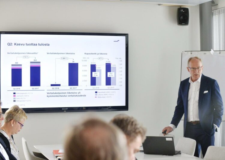 Toimitusjohtaja Pekka Vauramo Finnairin osavuosikatsauksen tiedotustilaisuudessa heinäkuussa.