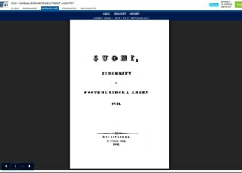 Suomi-lehden ensimmäisen numeron kansi. Kansalliskirjaston verkkosivut.