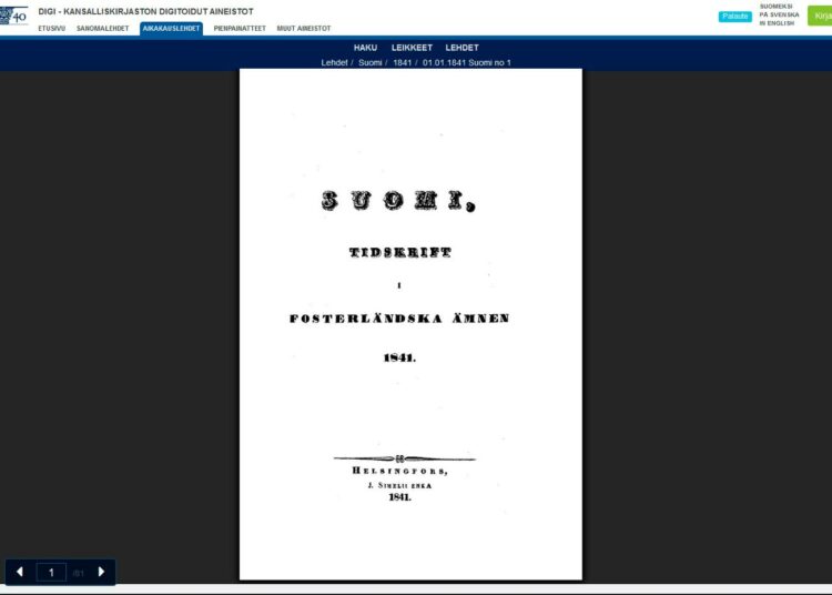 Suomi-lehden ensimmäisen numeron kansi. Kansalliskirjaston verkkosivut.