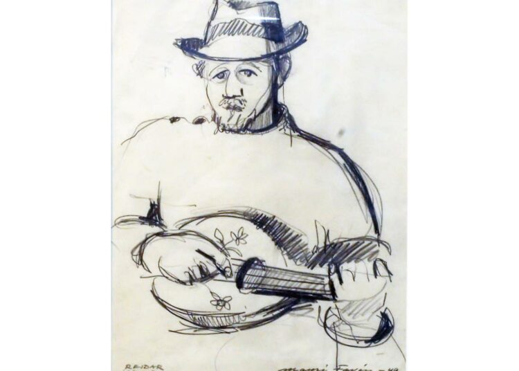 Reidar soittaa mandoliinia. Mauri Favénin croquis-piirustus vuodelta 1949.