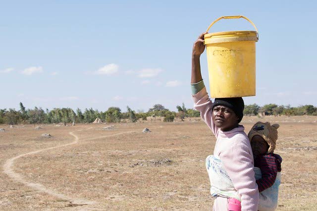 YK:n Maailman ruokaohjelman listaamien kriisipesäkkeiden kärjessä on Zimbabwe, joka kärsii pahimmasta kuivuudesta vuosikymmeniin. Charity Ncube, 30, kantaa lastaan ja 20 litran vesisaavia kaakkoiszimbabwelaisessa Masvingon maaseutukaupungissa.