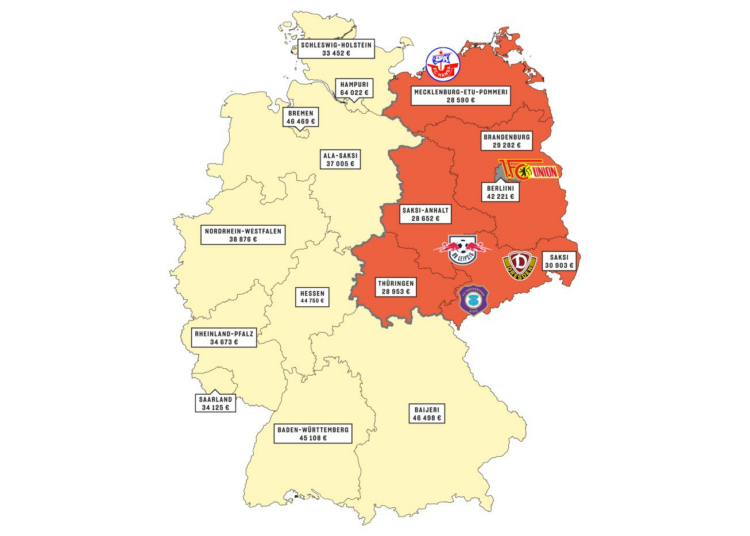 Kartassa on eroteltuna entinen DDR ja Länsi-Saksa. Osavaltioiden nimien yhteydessä olevat luvut kertovat bruttokansantuotteen asukasta kohden. Lukujen lähde Statista-tilastopalvelu. Lisäksi karttaan on merkitty entisen Itä-Saksan alueen ylimmän ja toiseksi ylimmän sarjatason jalkapallojoukkueet. Sarjoissa pelaa yhteensä 36 joukkuetta. Entisen itä-Saksan alueen joukkueita ovat Bundesliigan Union Berlin ja RB Leipzig sekä 2. Bundesliigan Hansa Rostock, Erzgebirge Aue ja Dynamo Dresden.