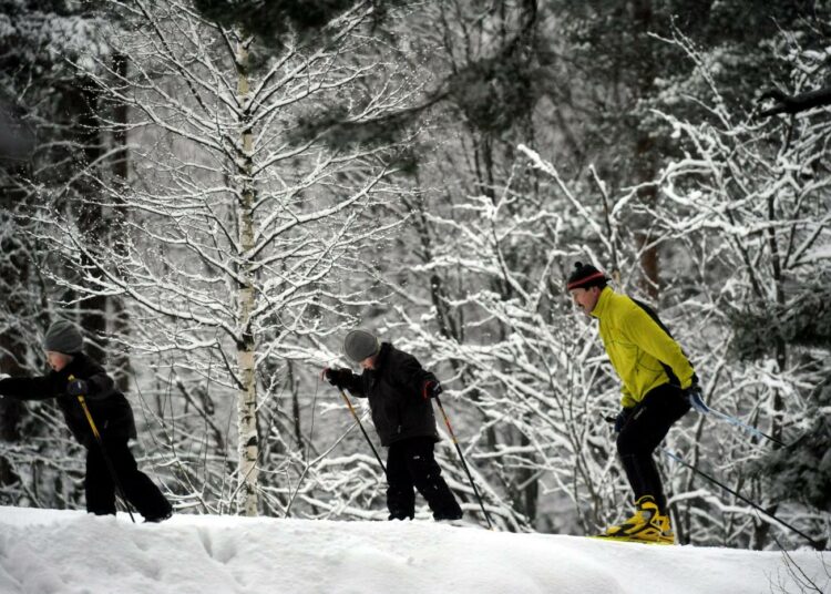 Suomalaisten mielestä hyvä elämänlaatu rakentuu hyvästä terveydentilasta ja myönteisestä elämänasenteesta. Perhe hiihtämässä.
