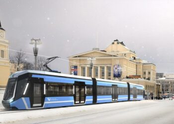 Havainnekuvassa raitiovaunu on liikenteessä Tampereen Keskustorilla. Oikeasti liikennöinti alkaa vuonna 2021.