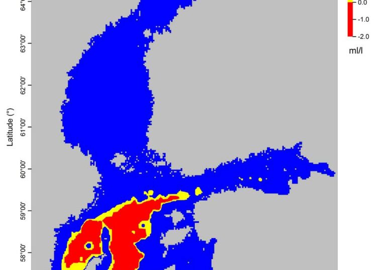 Syvän veden happipitoisuus alkukesällä 2013. Punaisilla alueilla pohjan läheinen vesi on hapetonta ja sisältää rikkivetyä.