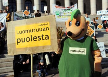 Luomuruuan puolesta osoitettiin mieltä eduskuntatalon edustalla syyskuussa 2008.