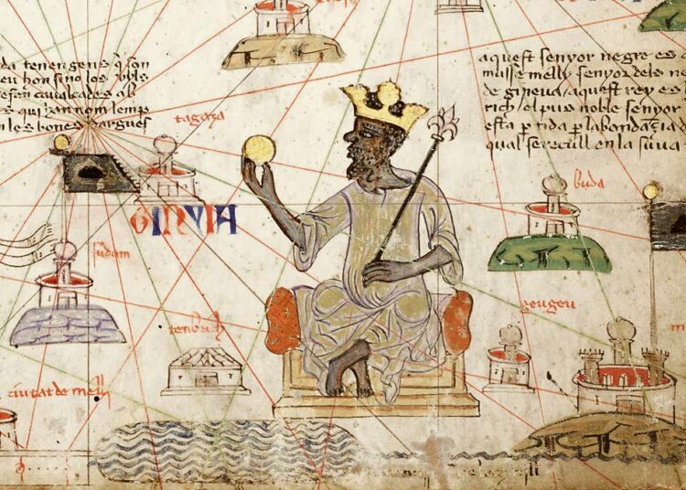 Malin hallitsija Mansa Musa kultakolikko kädessään, kuva katalonialaisesta kartasta 1300-luvulta.