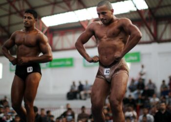 Osanottajia bodybuildingin Gazan alueen mestaruuskilpailuissa viime viikolla.