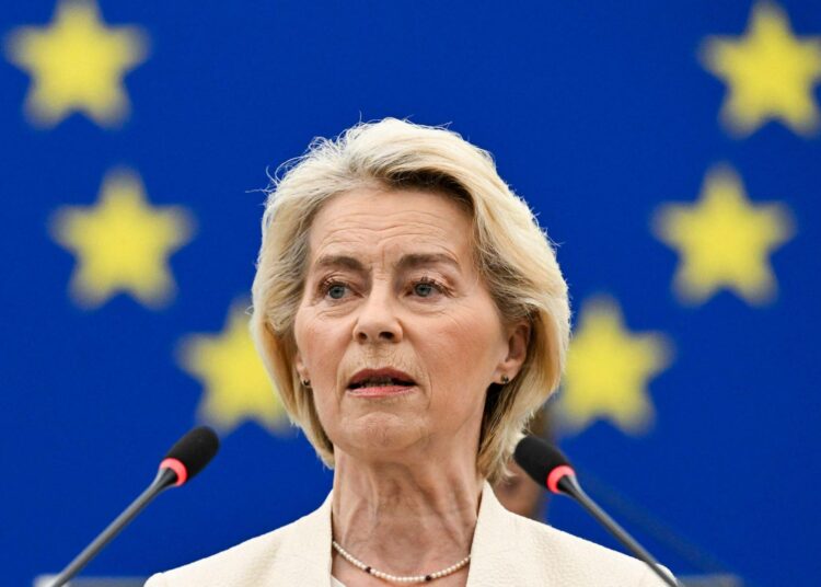 Euroopan komission puheenjohtaja Ursula von der Leyen piti Unionin tila -puheen keskiviikkona 16.9. Euroopan parlamentille Strasbourgissa.