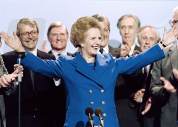 Margaret Thatcher konservatiivien puoluekokouksessa vuonna 1989 Blackpoolissa.