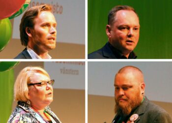 Puoluesihteeriehdokkaat Joonas Leppänen (vasemmalla ylhäällä), Risto Kalliorinne, Sinikka Torkkola ja Niko Peltokangas.