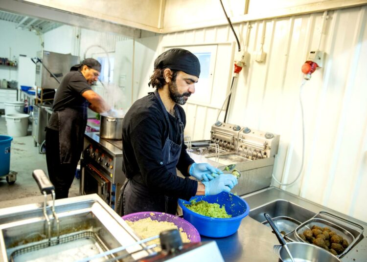 Turvapaikanhakijoiden valmistamilla luomufalafeleillä riittää jo mukavasti kysyntää. Pian falafelpaketteja löytynee kauppaketjujen hyllyiltä kautta maan. Kuvassa Irakista pakolaisina Suomeen kolme vuotta sitten tulleet Fahed Al-Badri (oik.) sekä Kanaan Al-Ethawi.