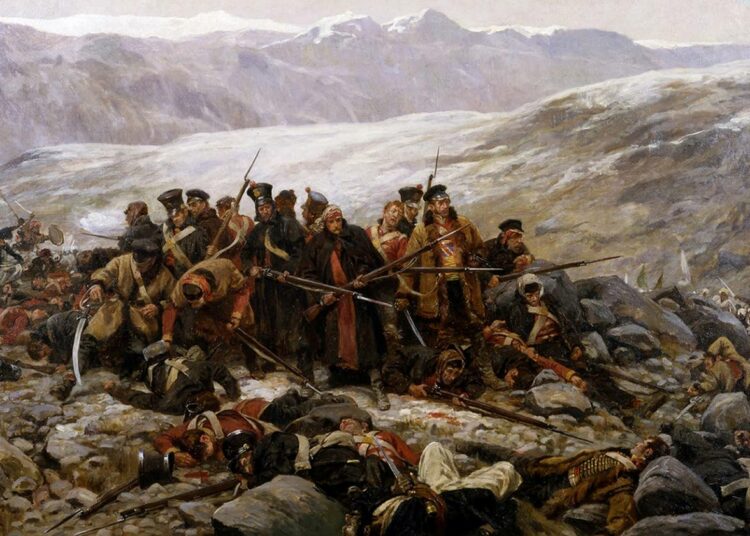 1800-luvulla tehty maalaus kuvaa vetäytyvän brittiarmeijan tuhoa Afganistanissa tammikuussa 1842.