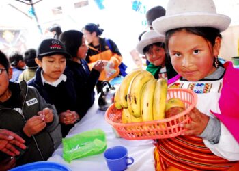 Monissa Latinalaisen Amerikan maissa koulut yrittävät parantaa lasten ravitsemusta. Kuvan bolivialaistyttö esittelee terveellisiä välipaloja tovereilleen.