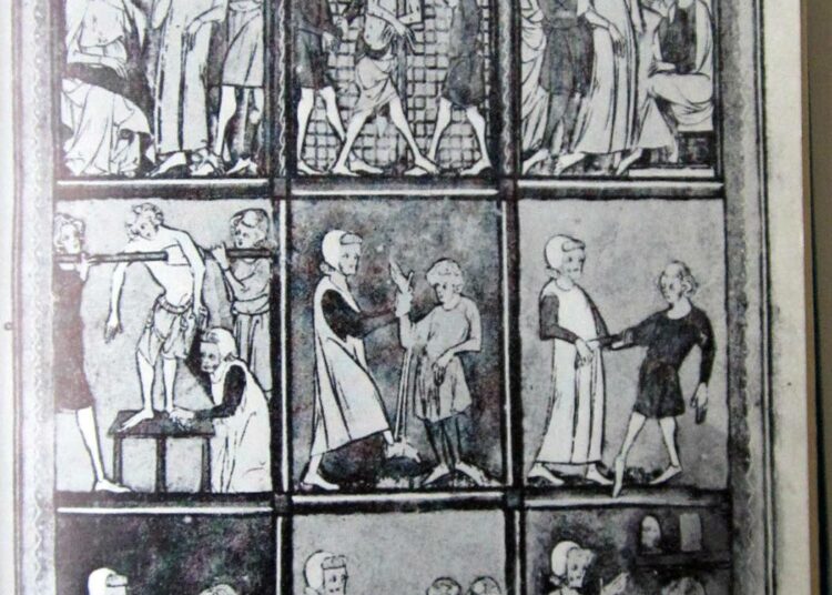 Ruggieri Parmalaisen laatiman kirurgian oppikirjan kuvitusta 1200-luvulta.