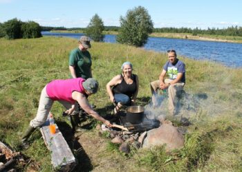 Kemijärveläiset luontoaktivistit Päivi Taavo ja Pirkkö Gröötilä, Lapin luonnonsuojelupiirin puheenjohtaja Sari Hänninen (keskellä) ja Pelkosenniemen valtuuston jäsen Pekka Nyman niittotalkoiden ruokailutauolla Kemijoen Keminsaariin kuuluvassa Kuusisaaressa.