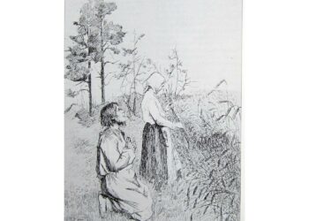 Hanna Frosterus piirsi ensimmäisen Saarijärven Paavo –hahmon vuonna 1887. Uskonnollisen Paavon pannessa kätensä ristiin häntä maallisempi vaimo tutkii viljan tuleentumista.