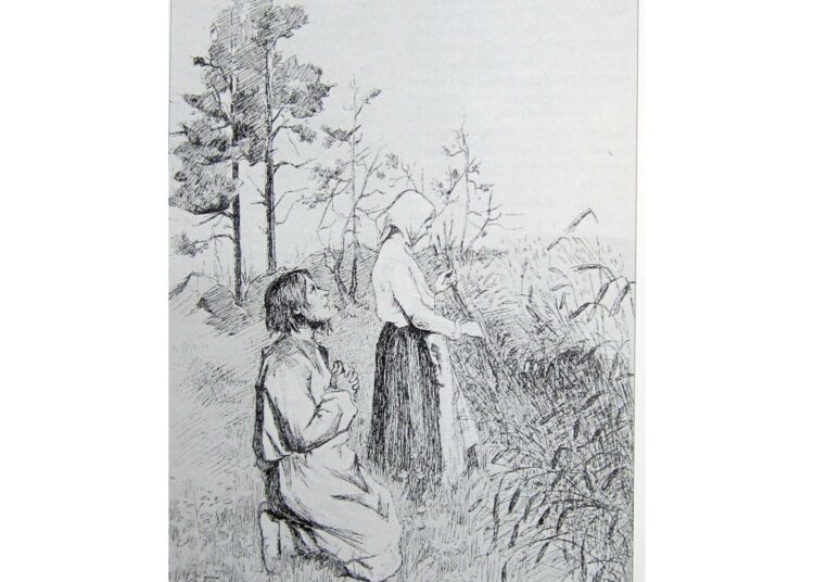 Hanna Frosterus piirsi ensimmäisen Saarijärven Paavo –hahmon vuonna 1887. Uskonnollisen Paavon pannessa kätensä ristiin häntä maallisempi vaimo tutkii viljan tuleentumista.