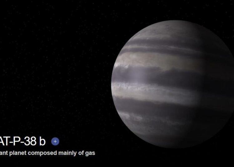 Taiteilijan näkemys eksoplaneetta HAT-P-38b:stä, jolle suomalaiset saavat antaa nimen. Kuvakaappaus www.exoplanets/nasa.gov -verkkosivulta.