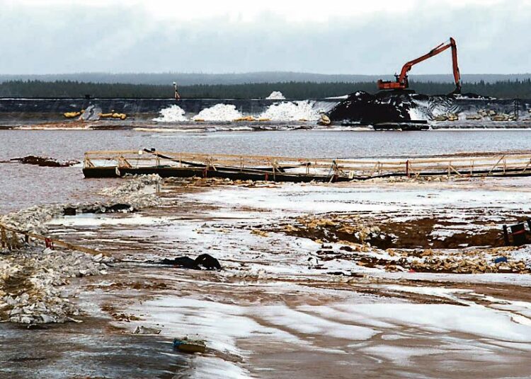 Suojaamattomat altaat ovat eläimille riski. Kuvassa vuotanut kipsisakka-allas Talvivaaran kaivosalueella 15. marraskuuta 2012.