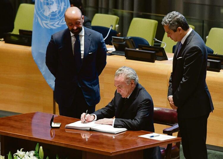 Brasilian presidentti Michel Temer allekirjoitti ydiasekieltosopimuksen 20. syyskuuta. Suomi ei ole allekirjoittanut sopimusta.