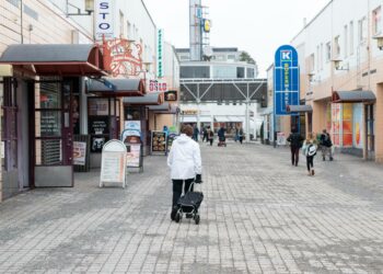 Vasemmistoliiton valtuustoryhmä liputtaa lähiöiden puolesta. Kuva Kontulan ostoskeskuksesta.