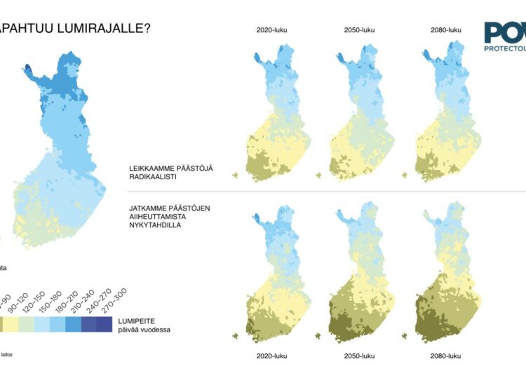 Protect Our Winters -järjestön tuottama kartta kuvaa, mitä lumipeitteelle käy, jos päästöjä ei saada kuriin.