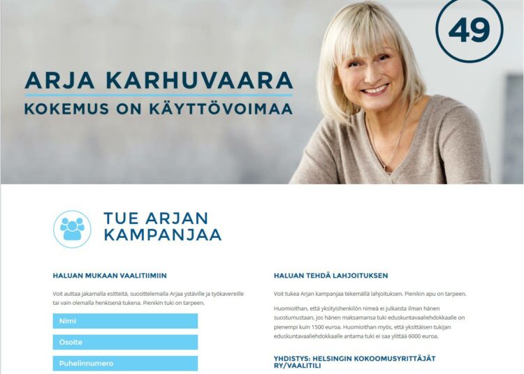 Arja Karhuvaara (kok.) pyytää rahalahjoituksia verkossa edelleen tarkoituksella. Tilinumero on peitetty tästä ruutukaappauksesta toimituksessa.