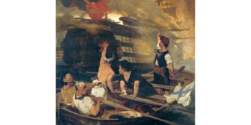 Kreikkalaiset upottavat Turkin laivaston lippulaivan Khiosin satamassa 18. kesäkuuta 1822. Nikiforos Lytrasin maalaus vuodelta 1873.