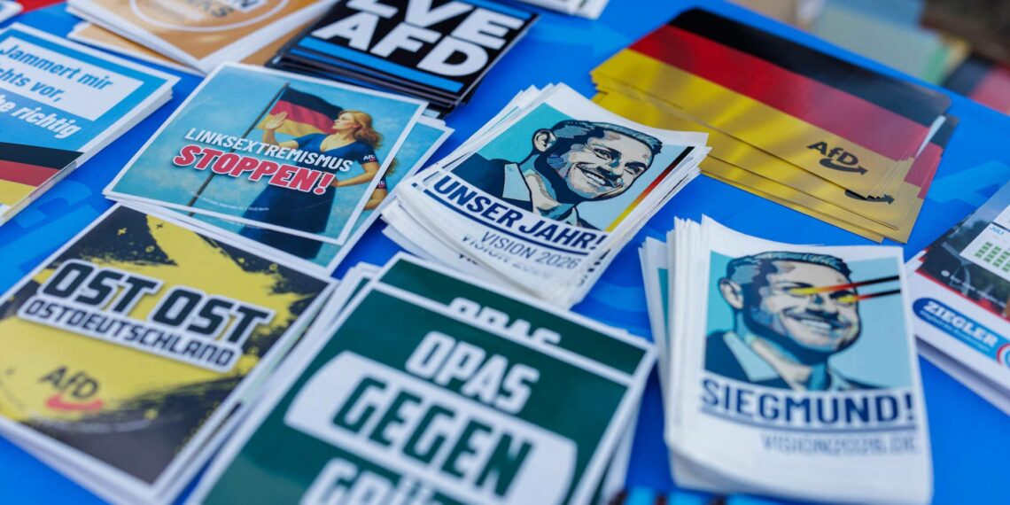 Äärioikeistolaisen AfD-puolueen mainoksia Saksi-Anhaltin osavaltiossa. Puolueen kärkiehdokas on Ulrich Siegmund.