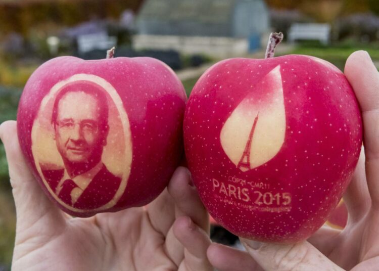 Ensi maanantaina Pariisiin saapuvat valtiojohtajat saavat presidentti François Hollanden kuvalla ja ilmastokokouksen logolla koristellut omenat.
