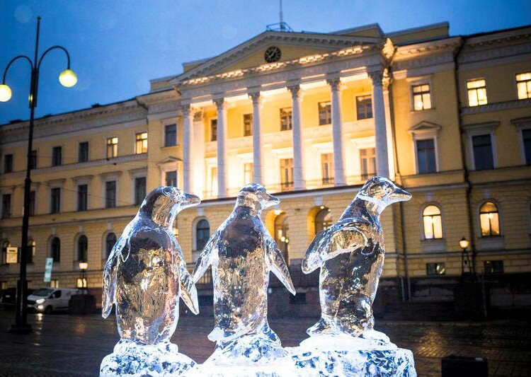 Helsinki on yksi kaupungeista, joihin Greenpeace on tuonut pingviinejä esittäviä jääveistoksia. Helsingin pingviinit teki jääveistäjä Kimmo Frosti.