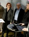 Puhujat SAK:n ja sen jäsenliittojen tiedotustilaisuudessa. Henkilöt vasemmalta oikealle ovat SEL:n Veli-Matti Kuntonen, JHL:n Håkan Ekström, PAMin Annika Rönni-Sällinen, Teollisuusliiton Riku Aalto, AKT:n Ismo Kokko ja SAK:n puheenjohtaja Jarkko Eloranta.