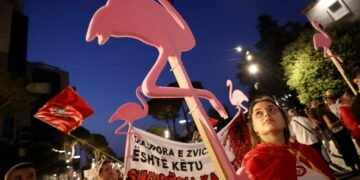 Mielenosoitukset Tiranassa ovat jatkuneet jo kuukausia. Protestien symboli on vaaleanpunainen flamingo.