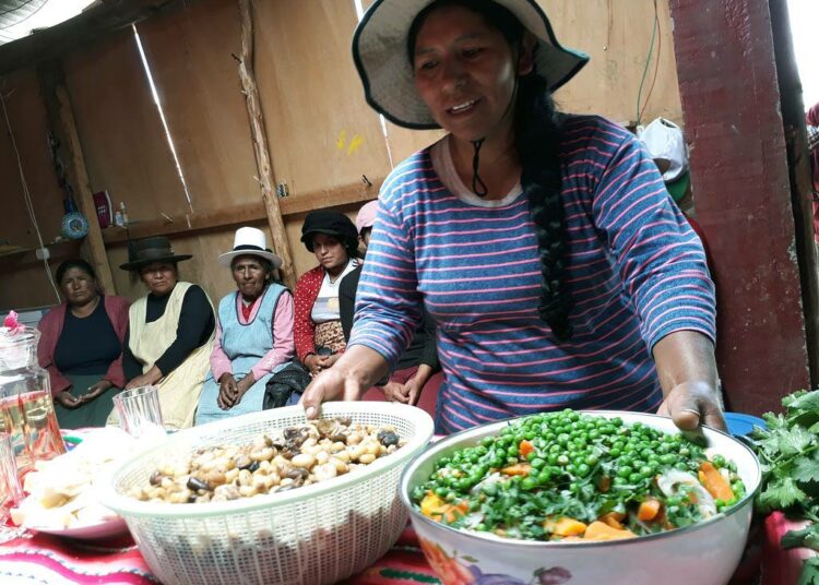 Näissä astioissa on Choquepatan maalaisyhteisön naisten tuottamaa ruokaa. Ana María Záratella on monista eri vihanneksista tehtyä salaattia ja valkoisesta maissista ja härkäpavuista valmistettua perinneruoka motea.