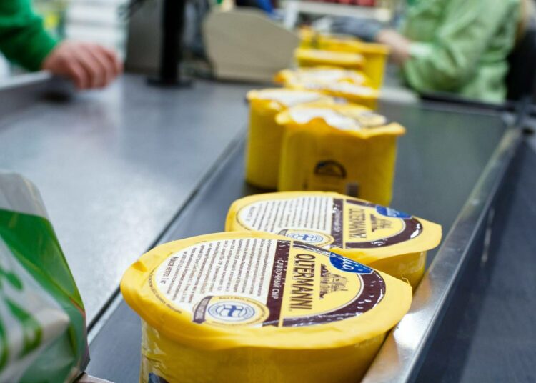 Venäjälle suuntautuvan viennin arvioidaan supistuvan tänä vuonna 20 prosentilla, mikä merkitsee noin miljardin euron menetyksiä vientituloissa. Kuvassa Venäjän vientiin tarkoitettua juustoa.