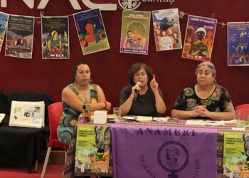 Maataloudessa työskentelevien naisten eettisen tuomioistuimen jäsenet esittelivät johtopäätöksensä ympäristö- ja työolosuhteista Santiagossa järjestetyssä kokouksessa.