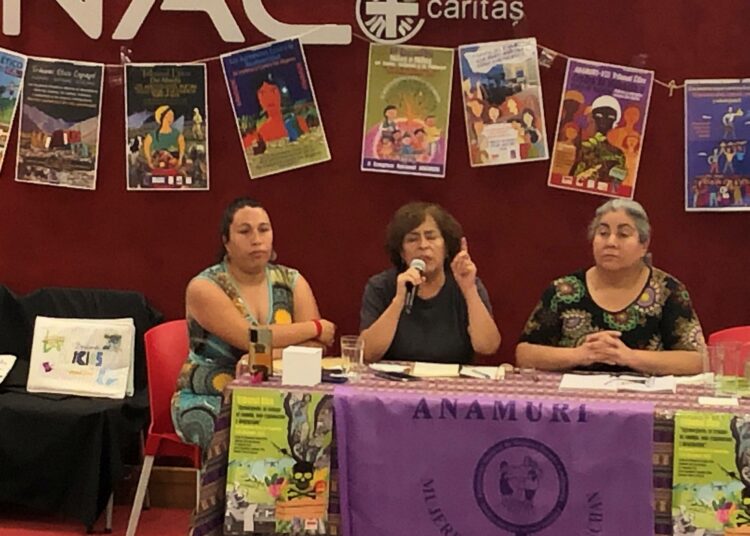 Maataloudessa työskentelevien naisten eettisen tuomioistuimen jäsenet esittelivät johtopäätöksensä ympäristö- ja työolosuhteista Santiagossa järjestetyssä kokouksessa.