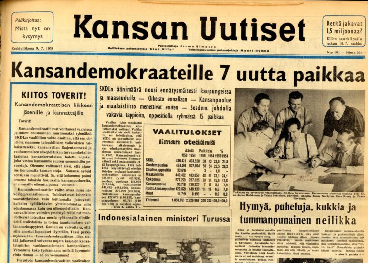 Kansan Uutisten etusivu vuoden 1958 vaalivoitosta. SKDL nousi suurimmaksi puolueeksi työnantajien hurjasta vastakampanjasta huolimatta.