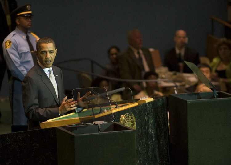 Presidentti Barack Obama puhumassa YK:n ilmastonmuutoskokouksessa syyskuussa.