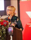 Aino-Kaisa Pekonen Vasemmistoliiton eduskuntaryhmän kesäkokouksessa Jyväskylässä elokuussa 2026.