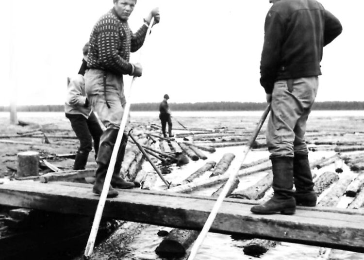 Pysyvä laki metsä- ja uittotöissä suoritettavasta palkkauksesta astui voimaan vasta vuoden 1965 alusta. Kuvassa tukinuittoa Kuusamossa 1930-luvulla.