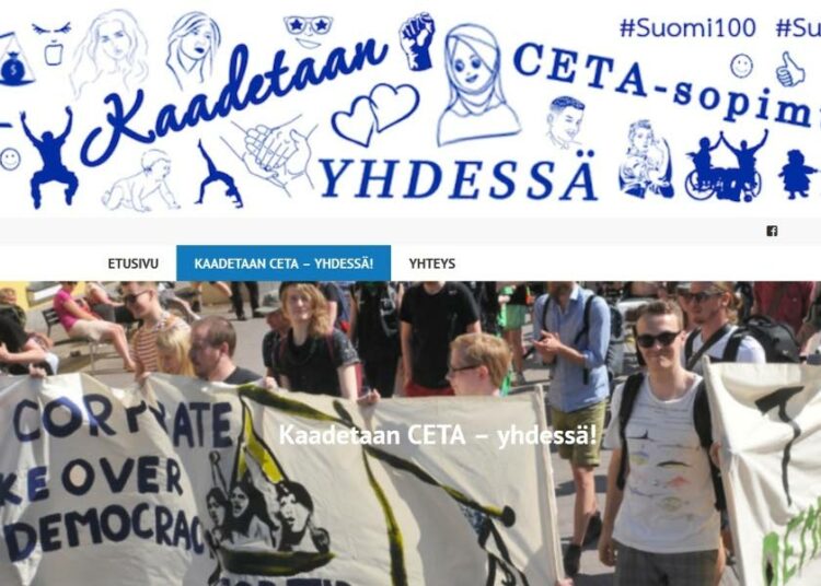 CETA:n vastustajat kokoontuvat lauantaina Kansalaistorille Helsinkiin. Kuvakaappaus suomiceta-sivustolta.
