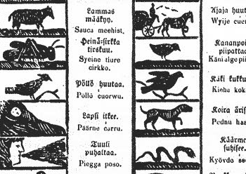 Kuva 1800-luvulla julkaistun suomi-inarinsaame aapisen sivusta.