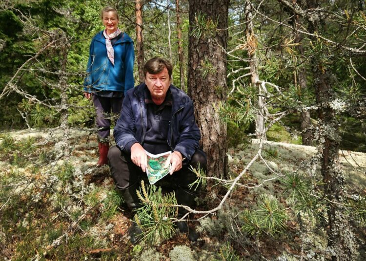 Aki Kaurismäki vaimonsa Paula Oinosen kanssa Keuraanmäen kalliolla Pusulassa.